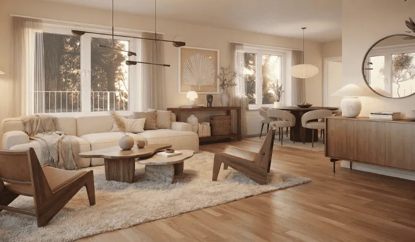 Modern living room interior 3D rendering with optimized lighting and materials to speed up 3D rendering workflow
