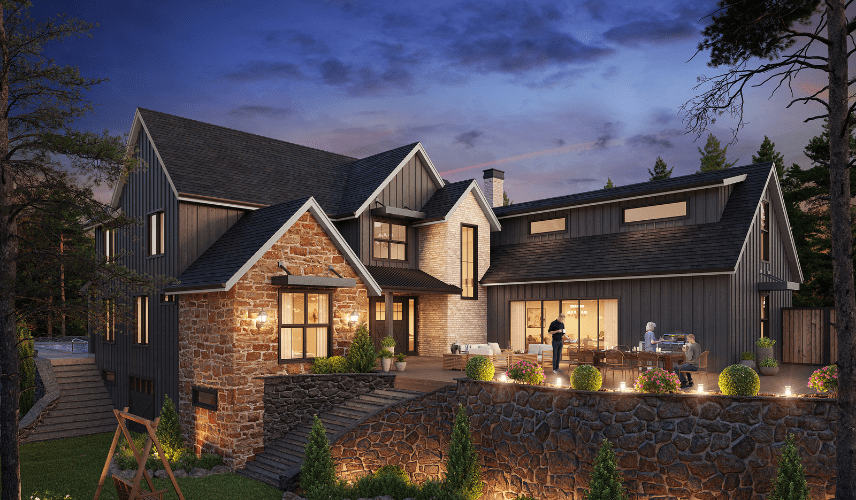 Modern luxury villa architectural exterior rendering with stone facade, warm interior lighting, and evening outdoor terrace