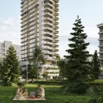 People in architectural rendering enjoying a green park space between residential buildings with trees and landscape