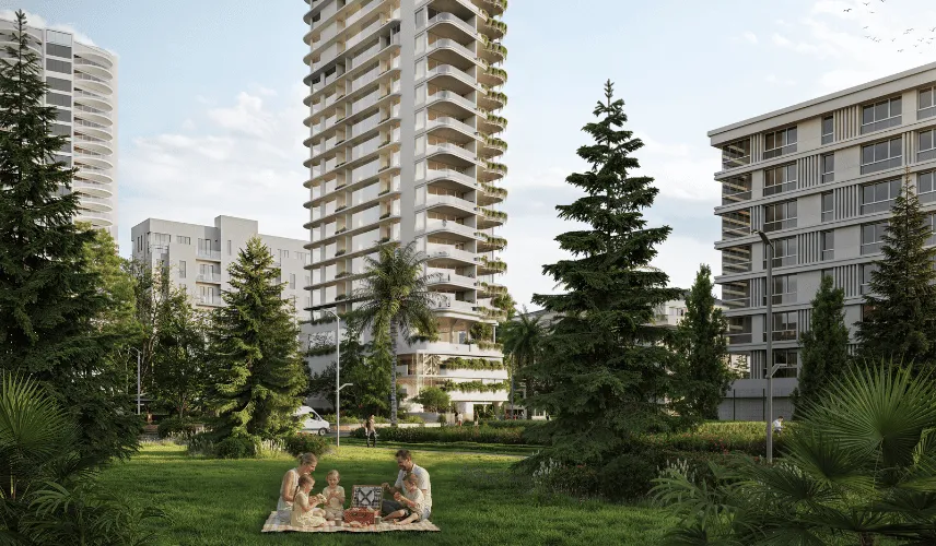 People in architectural rendering enjoying a green park space between residential buildings with trees and landscape