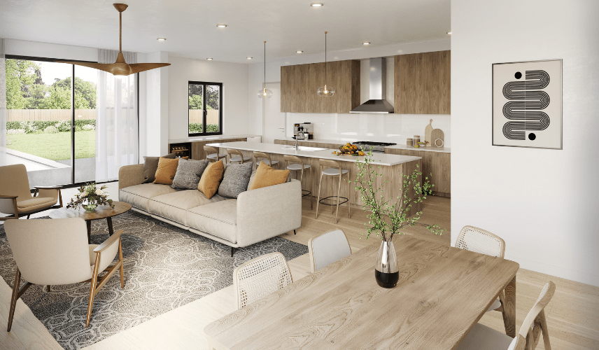 Modern open-plan living room and kitchen interior created through 3D Architectural Rendering Outsource for residential apartment visualization.