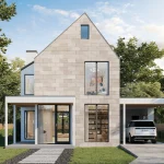 Contemporary 3D house rendering of a modern home with large glass windows, stone facade, and a minimalist garden setting.