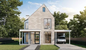 Contemporary 3D house rendering of a modern home with large glass windows, stone facade, and a minimalist garden setting.