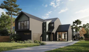 Contemporary dark facade family house with pitched roof visualized using 3D Architectural Rendering Outsource for residential architecture presentation.