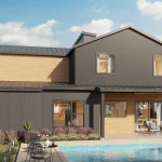 Contemporary single-family house rendering with pool, outdoor seating, and modern exterior design