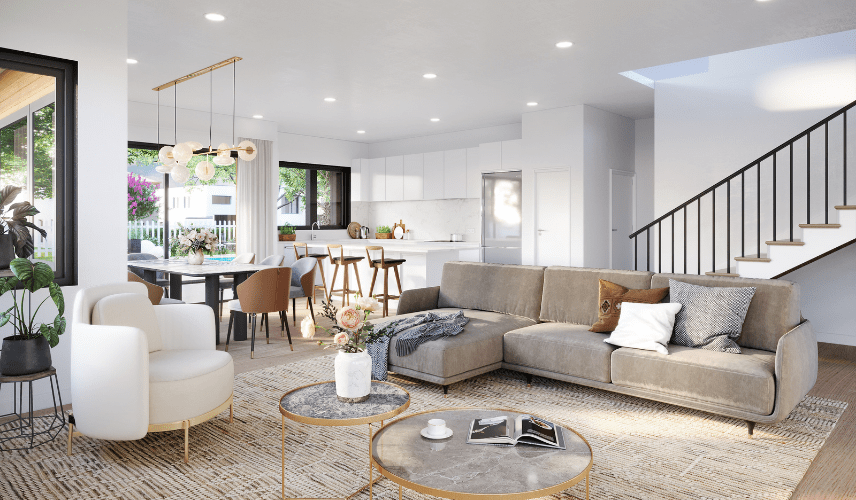 Bright living room single-family house rendering with modern furniture and open-plan layout