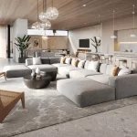 Luxury open-plan living room interior created with 3D Architectural Rendering Outsource showcasing warm materials and modern design