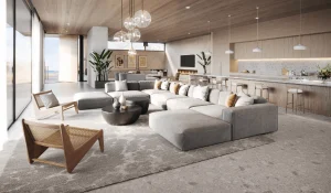 Luxury open-plan living room interior created with 3D Architectural Rendering Outsource showcasing warm materials and modern design