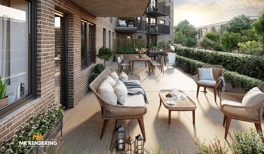 Luxury outdoor patio with pergola and warm lighting created using 3D Architectural Rendering Outsource services