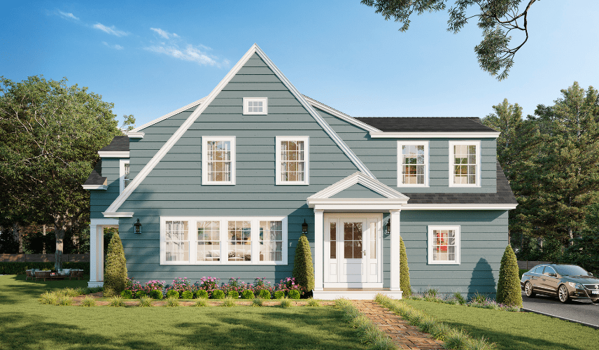 Coastal style house architectural exterior rendering with blue siding, white trim, gable roof, and landscaped front yard