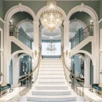 Luxury interior staircase 3D modeling with classical architecture and elegant lighting