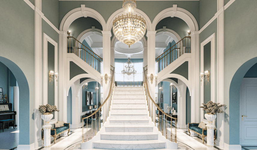 Luxury interior staircase 3D modeling with classical architecture and elegant lighting