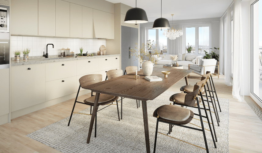 Modern kitchen and dining space with minimalist design created using 3D Architectural Rendering Outsource