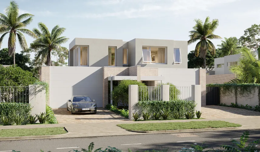 Modern house exterior 3D modeling with landscaping and realistic rendering