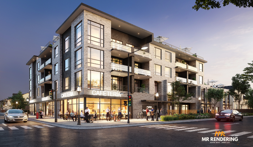 People in architectural rendering in a mixed-use building with street activity, cafes, and urban lifestyle