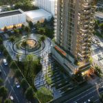 Urban mixed-use development architectural exterior rendering with high-rise towers, landscaped plaza, and city streets