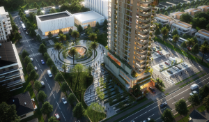 Urban mixed-use development architectural exterior rendering with high-rise towers, landscaped plaza, and city streets