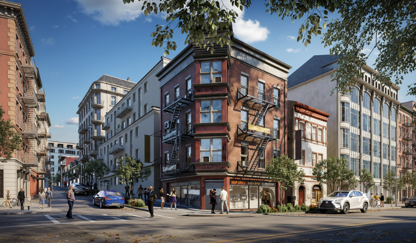 Modern mixed-use apartment building streetscape visualization showing urban architecture and exterior 3D rendering cost quality.