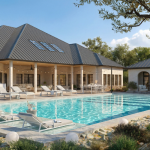 Photorealistic rendering of a luxury modern villa with swimming pool, outdoor lounge, and landscaped garden