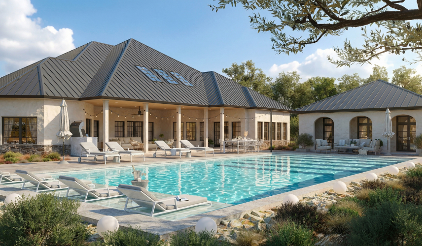 Photorealistic rendering of a luxury modern villa with swimming pool, outdoor lounge, and landscaped garden