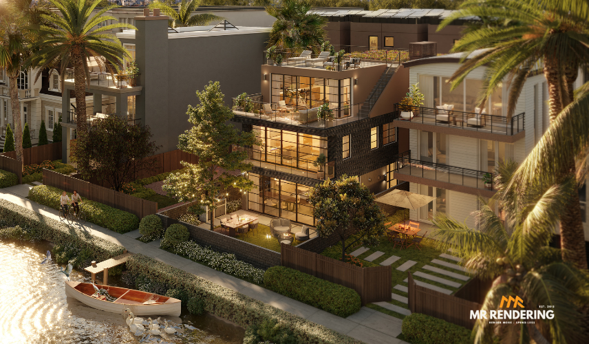 Luxury tropical resort villa exterior rendering with poolside landscape illustrating premium 3D rendering cost quality.