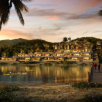 Luxury waterfront resort villa at sunset showcasing tropical landscape and realistic 3D exterior design rendering.