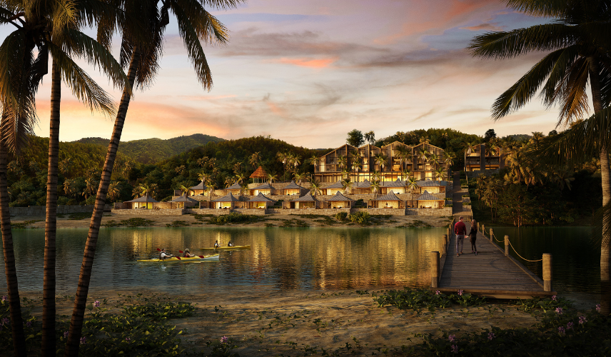 Luxury waterfront resort villa at sunset showcasing tropical landscape and realistic 3D exterior design rendering.