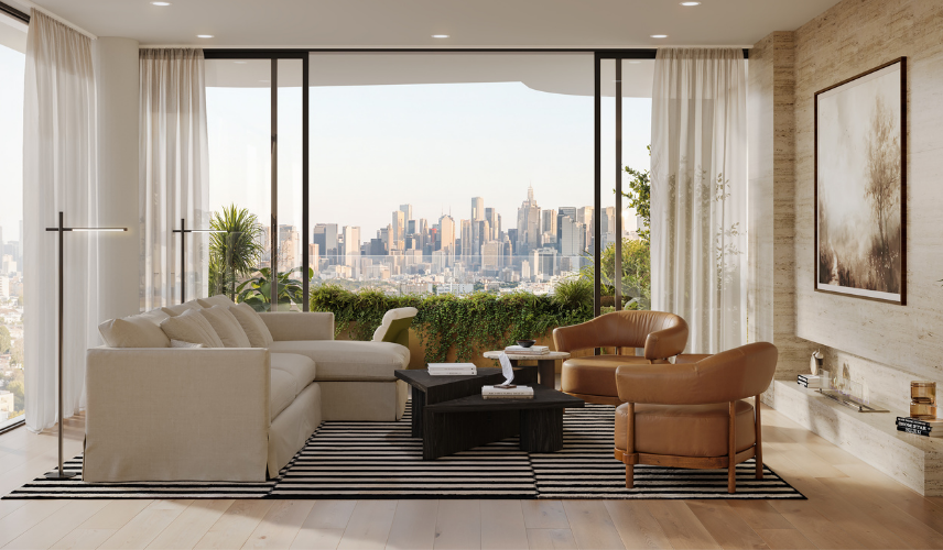 Architectural visualization in New York of a luxury living room with floor-to-ceiling windows and city skyline view