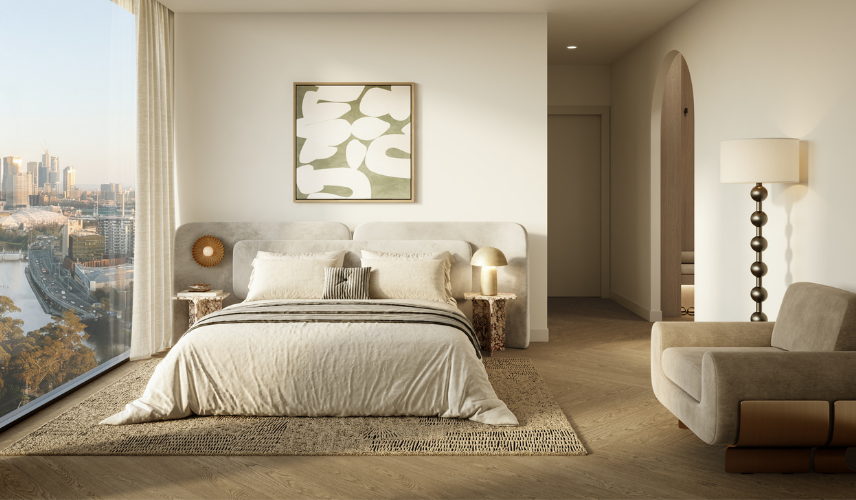 Architectural visualization in New York of a modern bedroom with large window and city skyline view