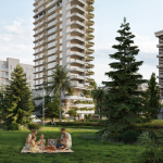 Architectural visualization in New York featuring residential buildings with landscaped garden and green open space