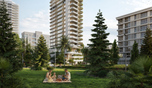 Architectural visualization in New York featuring residential buildings with landscaped garden and green open space