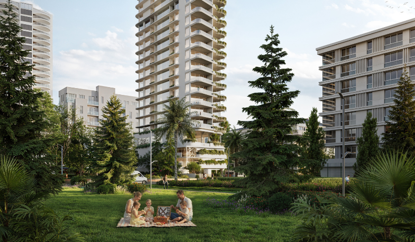 Architectural visualization in New York featuring residential buildings with landscaped garden and green open space