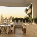 Luxury balcony dining area with city skyline created using 3D rendering for Marketing to showcase lifestyle and outdoor design