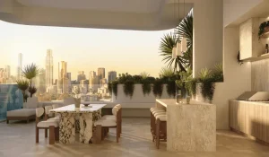 Luxury balcony dining area with city skyline created using 3D rendering for Marketing to showcase lifestyle and outdoor design