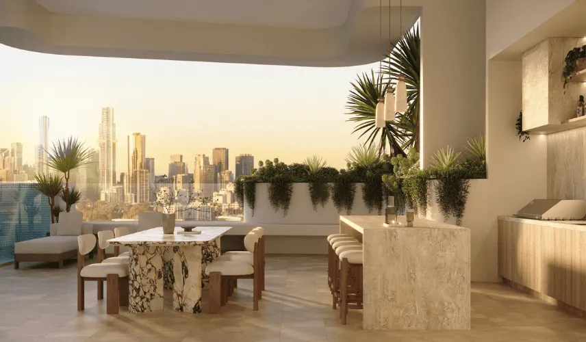 Luxury balcony dining area with city skyline created using 3D rendering for Marketing to showcase lifestyle and outdoor design