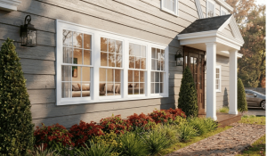 Traditional house entrance exterior rendering with landscaped front garden showing residential 3D rendering cost quality.