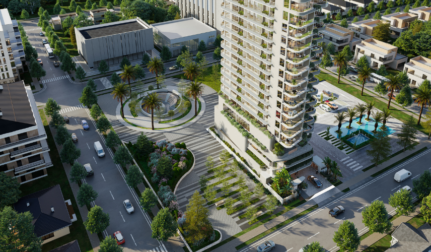 Architectural visualization in New York showing a modern residential tower with landscaped plaza and integrated greenery