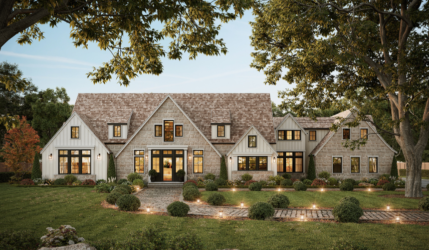 Luxury countryside villa with detailed landscaping and lighting in 3D exterior design rendering