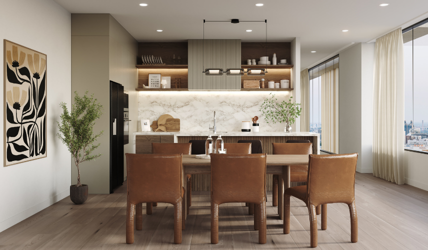 Architectural visualization in New York of a modern kitchen and dining area with wood cabinetry and marble backsplash
