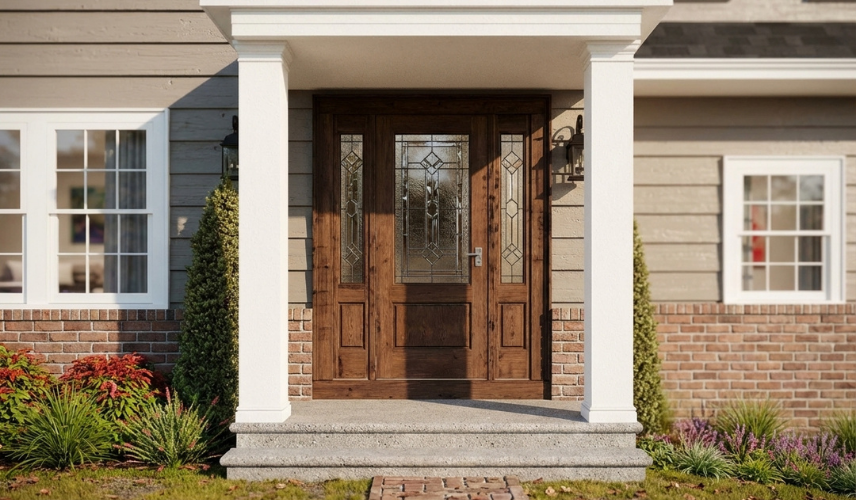 Elegant residential entrance with timber double doors and columns in realistic 3D exterior design rendering.