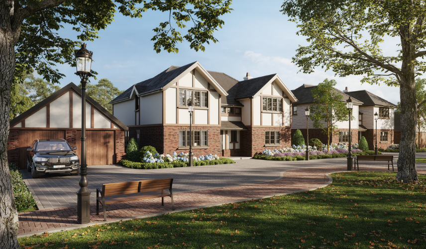 Photomontage rendering of modern residential houses in a real suburban neighborhood setting