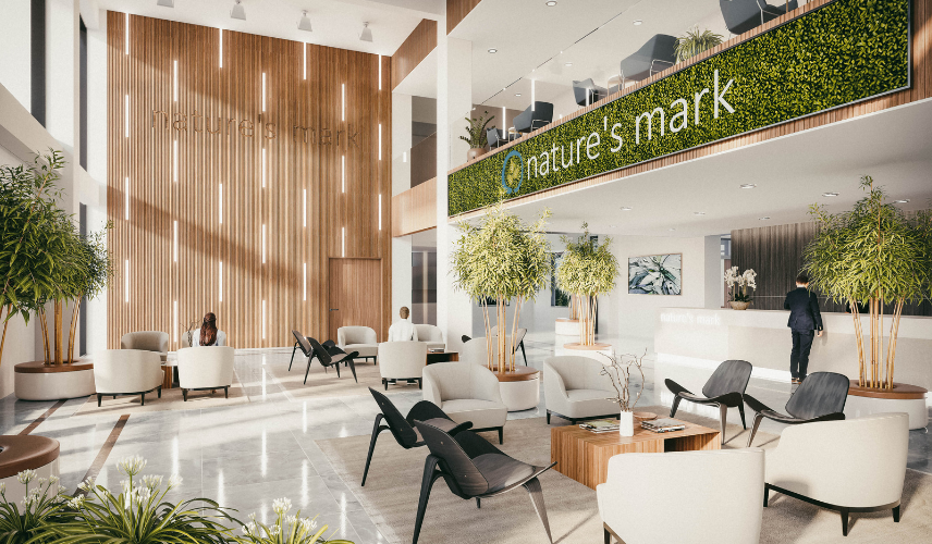 Photorealistic rendering of a modern commercial outdoor seating area with cafe furniture, greenery, and urban architectural design