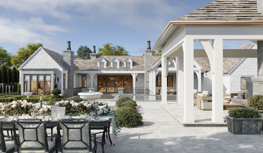 Photorealistic rendering of a luxury residential outdoor patio with dining area, poolside seating, and elegant architectural design