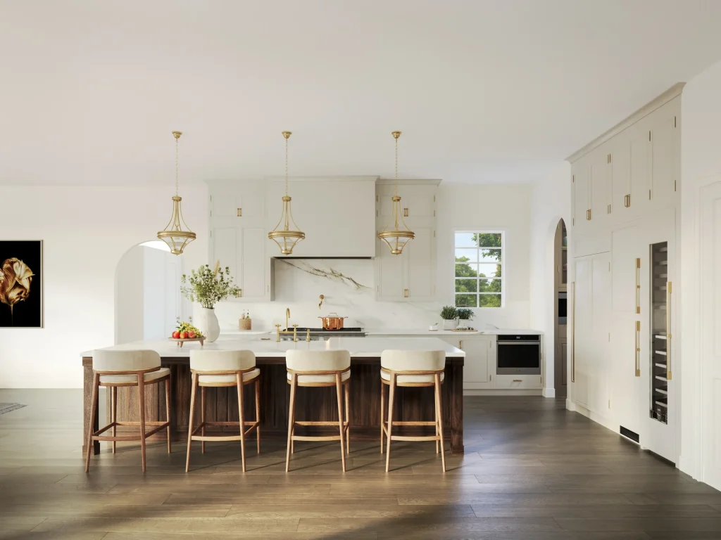 Modern kitchen interior created with Architectural Rendering Software showing realistic lighting, materials, and clean contemporary design