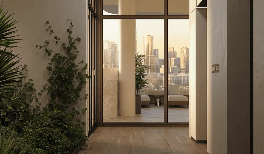 Balcony view through glass doors created with 3D rendering for Marketing showcasing natural light and city skyline
