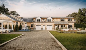 3D architectural rendering of modern residential complex with driveway courtyard and landscaped surroundings