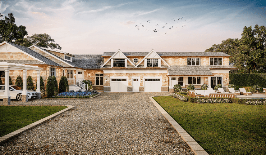 3D architectural rendering of modern residential complex with driveway courtyard and landscaped surroundings