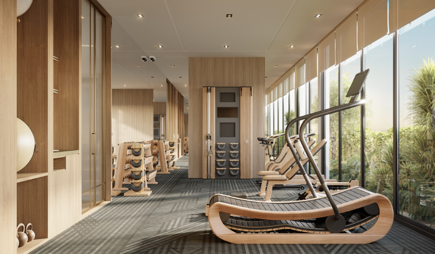 Architectural visualization in New York of a modern residential gym with large windows and natural light