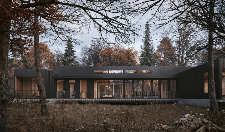 Modern forest residence created by architectural rendering companies with atmospheric exterior visualization