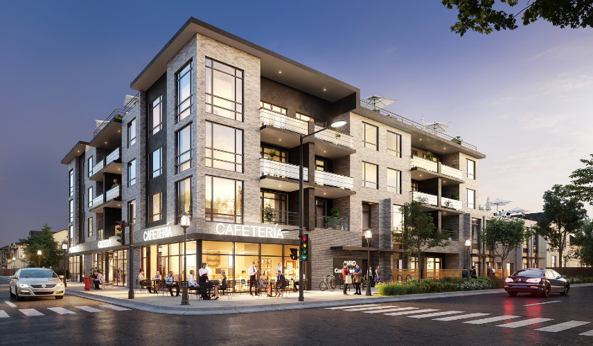 Modern commercial building with glass facade and warm lighting in 3D exterior design rendering at dusk